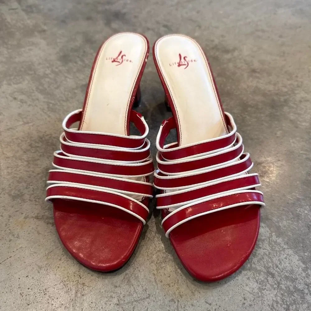 Red White Strappy Wedge Heels Y2K 3in Sandals Size 7.5